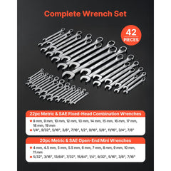 VEVOR Combination Wrench Set, 42-Piece SAE and Metric, 12-Point Box End and 15° Angled Open End Combination Wrenches