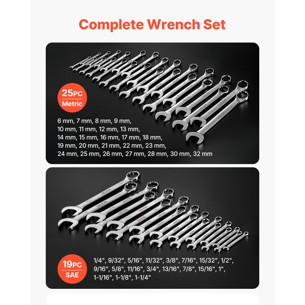 VEVOR Combination Wrench Set, 44-Piece SAE and Metric, 12-Point Box End and 15° Angled Open End Combination Wrenches
