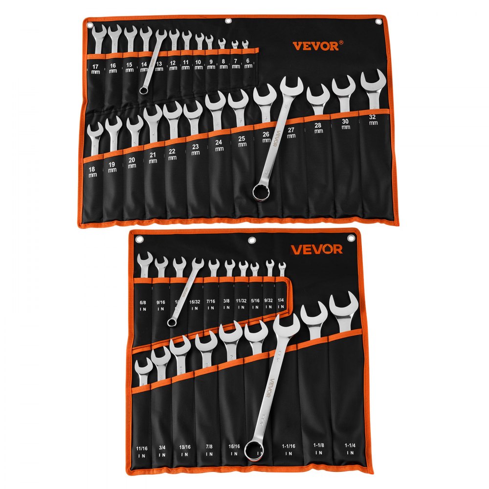 VEVOR Combination Wrench Set, 44-Piece SAE and Metric, 12-Point Box End and 15° Angled Open End Combination Wrenches