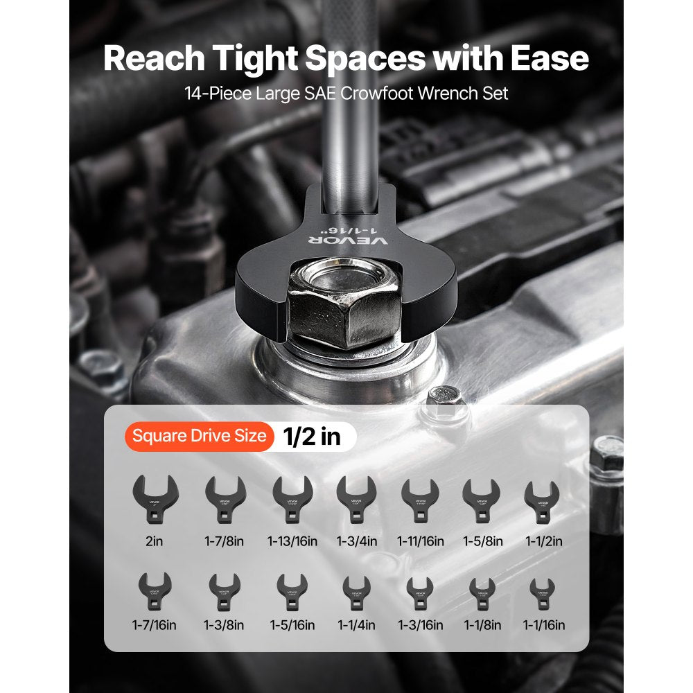 VEVOR Crowfoot Wrench Set, 1/2" Drive, 14-Piece SAE 1-1/16" to 2" Crows Foot Wrenches, with Storage Tray, Dual Size