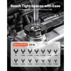 VEVOR Crowfoot Wrench Set, 1/2" Drive, 14-Piece SAE 1-1/16" to 2" Crows Foot Wrenches, with Storage Tray, Dual Size