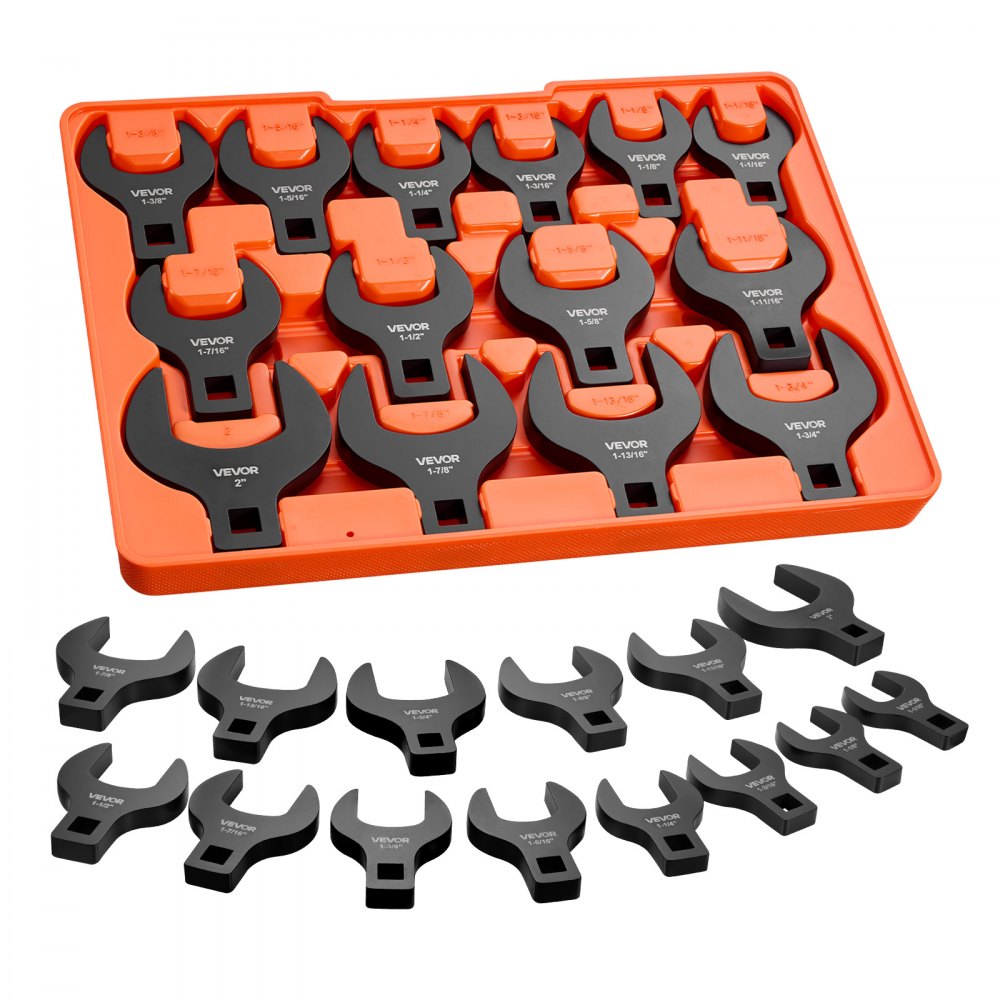 VEVOR Crowfoot Wrench Set, 1/2" Drive, 14-Piece SAE 1-1/16" to 2" Crows Foot Wrenches, with Storage Tray, Dual Size