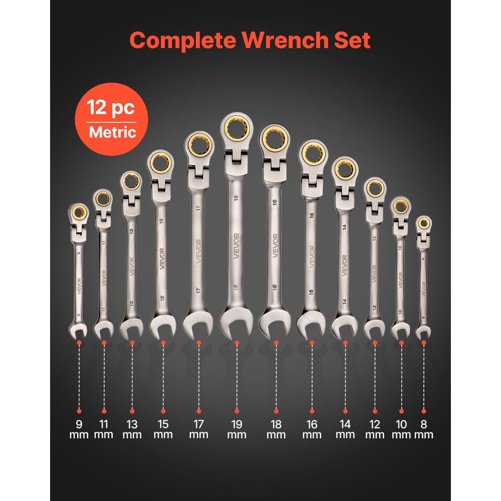 VEVOR Flex-Head Ratcheting Wrench Set, 12-Piece Metric 8 mm to 19 mm, 72 Teeth, Cr-V Steel Ratchet Flexible Combination