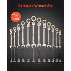VEVOR Flex-Head Ratcheting Wrench Set, 12-Piece Metric 8 mm to 19 mm, 72 Teeth, Cr-V Steel Ratchet Flexible Combination