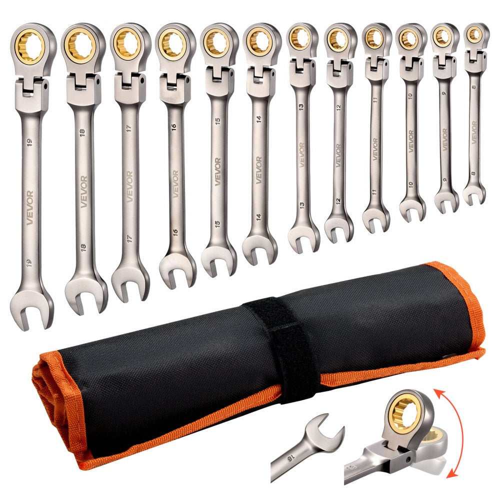 VEVOR Flex-Head Ratcheting Wrench Set, 12-Piece Metric 8 mm to 19 mm, 72 Teeth, Cr-V Steel Ratchet Flexible Combination