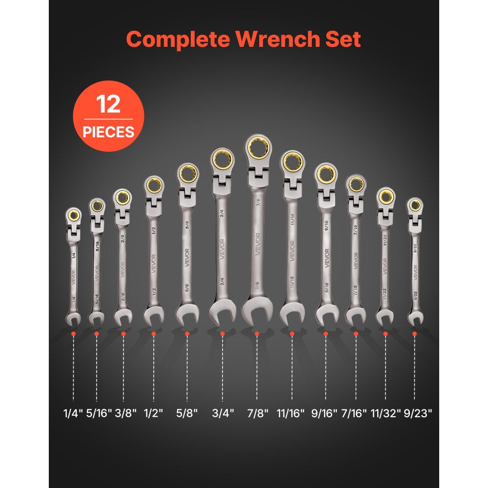 VEVOR Flex-Head Ratcheting Wrench Set, 12-Piece SAE Sizes, 72 Teeth, Cr-V Steel Ratchet Flexible Combination Wrench Set