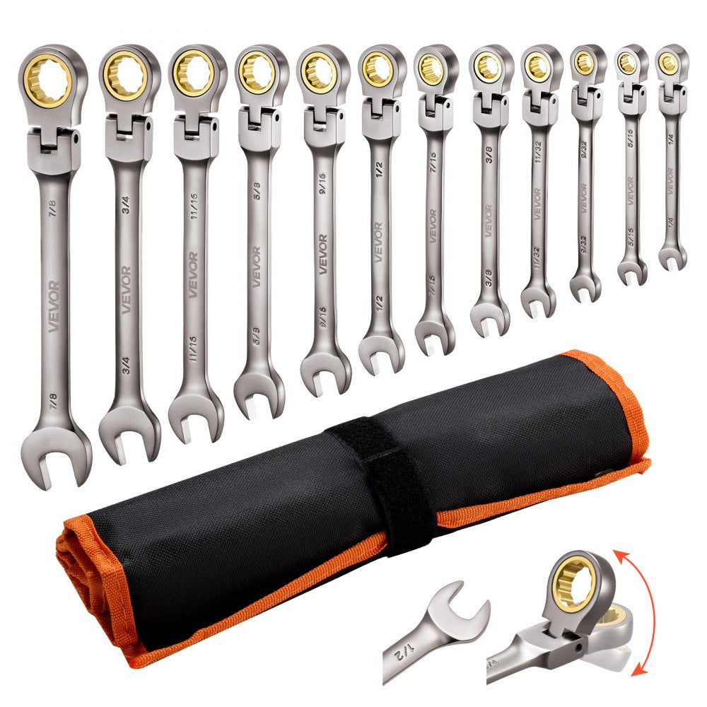 VEVOR Flex-Head Ratcheting Wrench Set, 12-Piece SAE Sizes, 72 Teeth, Cr-V Steel Ratchet Flexible Combination Wrench Set