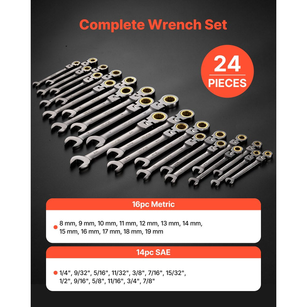 VEVOR Flex-Head Ratcheting Wrench Set, 24-Piece SAE and Metric, 72 Teeth, Cr-V Steel Ratchet Flexible Combination