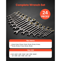 VEVOR Flex-Head Ratcheting Wrench Set, 24-Piece SAE and Metric, 72 Teeth, Cr-V Steel Ratchet Flexible Combination