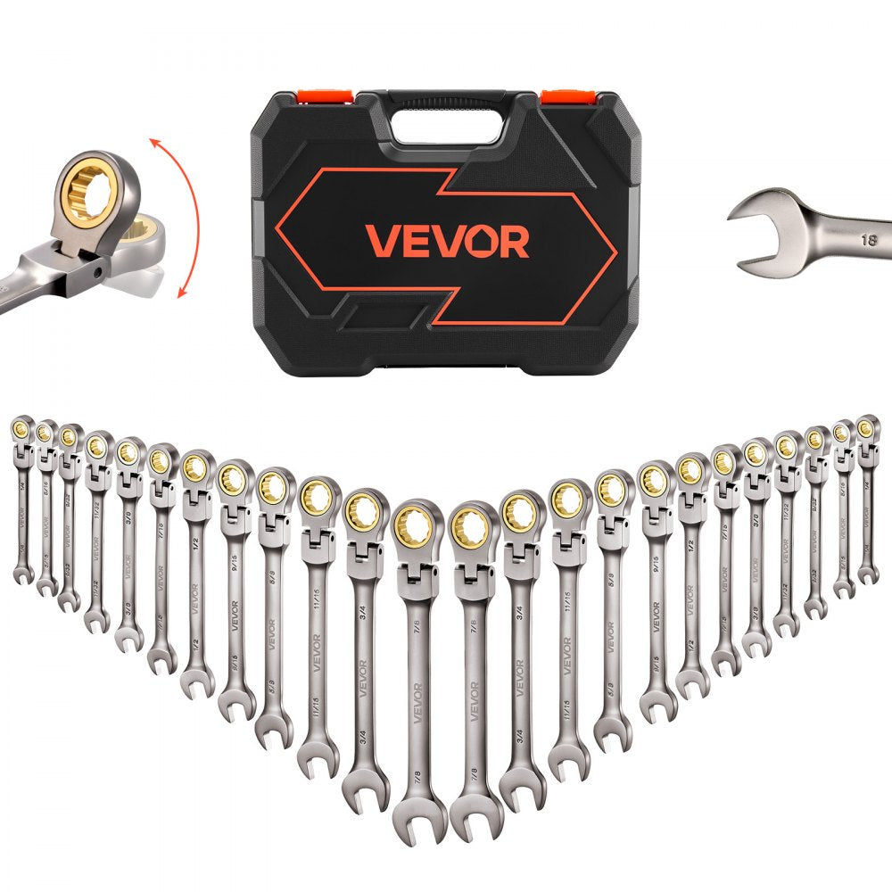 VEVOR Flex-Head Ratcheting Wrench Set, 24-Piece SAE and Metric, 72 Teeth, Cr-V Steel Ratchet Flexible Combination