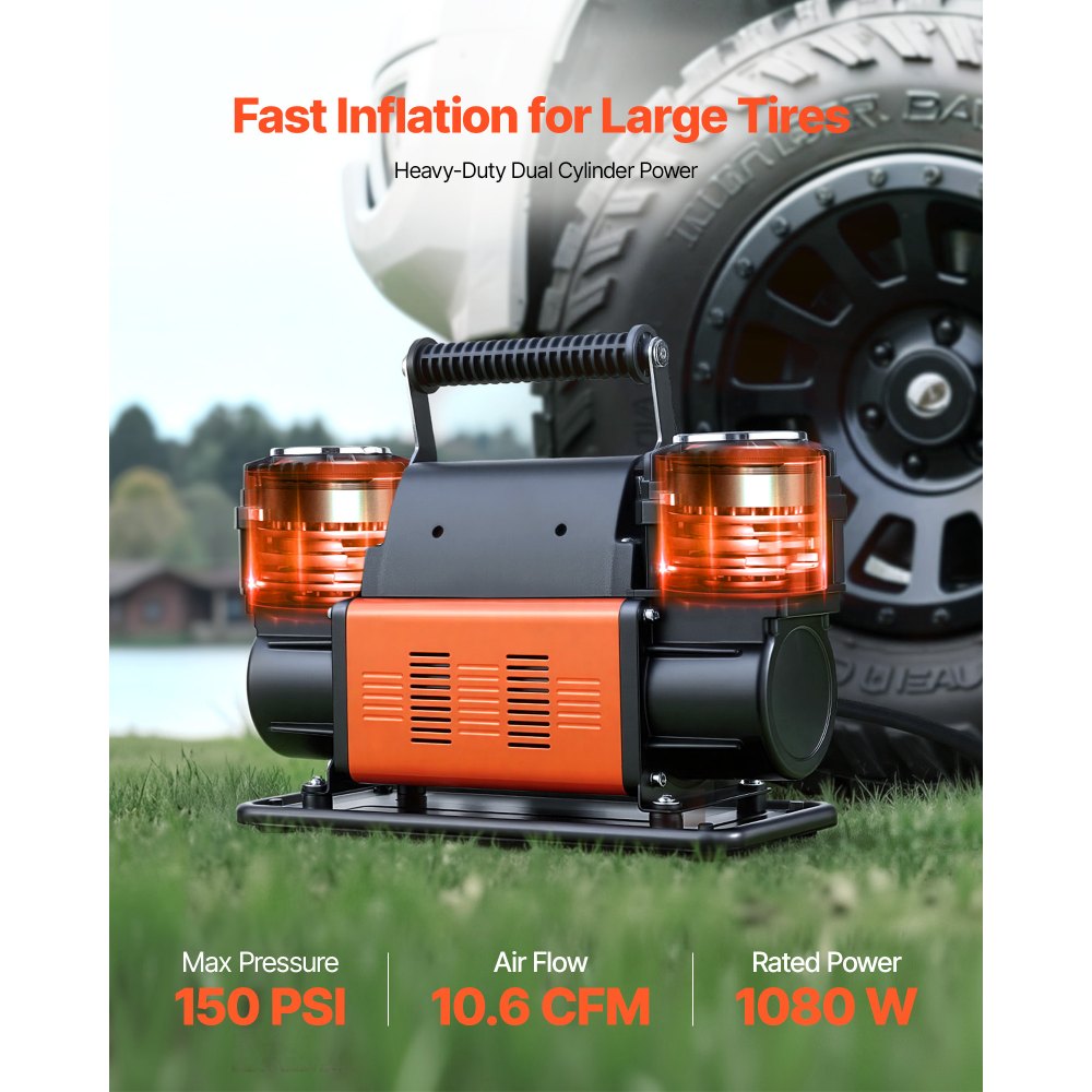VEVOR Dual-Cylinder Heavy Duty Air Compressor, 10.6CFM Portable Tire Inflator, 12V 150PSI Offroad Air Pump with Digital