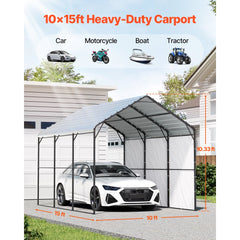 VEVOR Heavy Duty Metal Carport, 10' x 15' Outdoor Carport with Galvanized Steel Frame & Roof, Car Tent Garage Shade