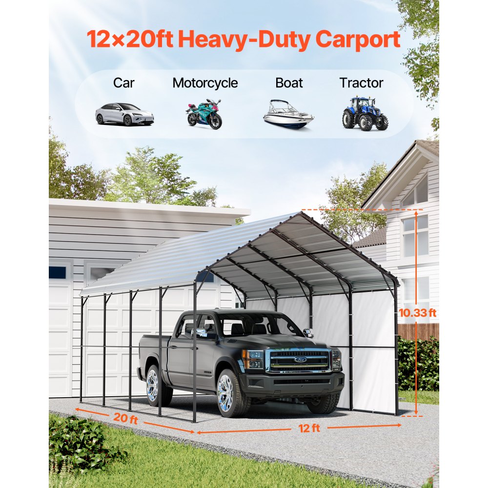 VEVOR Heavy Duty Metal Carport, 12' x 20' Outdoor Carport with Galvanized Steel Frame & Roof, Car Tent Garage Shade