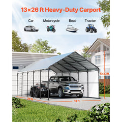 VEVOR Heavy Duty Metal Carport, 13' x 26' Outdoor Carport with Galvanized Steel Frame & Roof, Car Tent Garage Shade