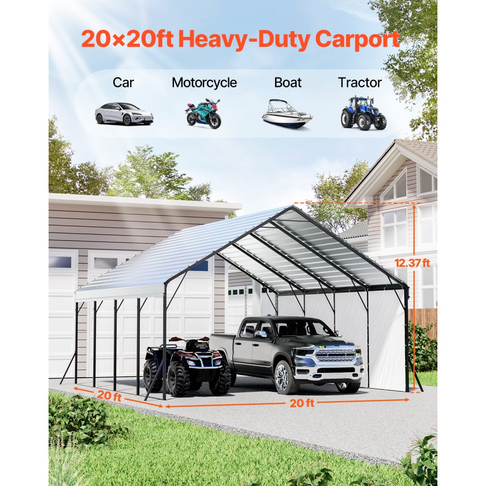 VEVOR Heavy Duty Metal Carport, 20 x 20 ft Outdoor Carport with Sturdy Frame & Roof, Car Garage Shade with Removable