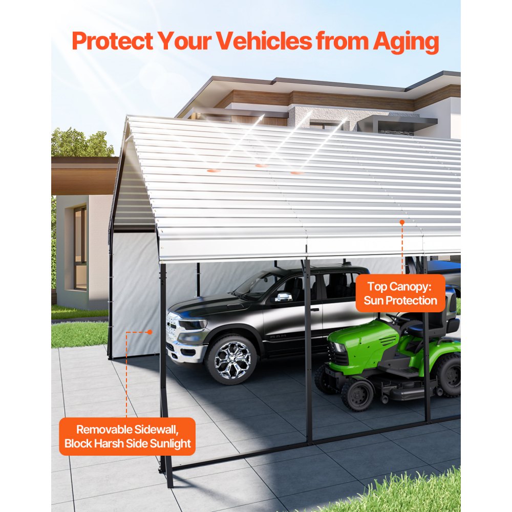 VEVOR Heavy Duty Metal Carport, 20 x 20 ft Outdoor Carport with Sturdy Frame & Roof, Car Garage Shade with Removable