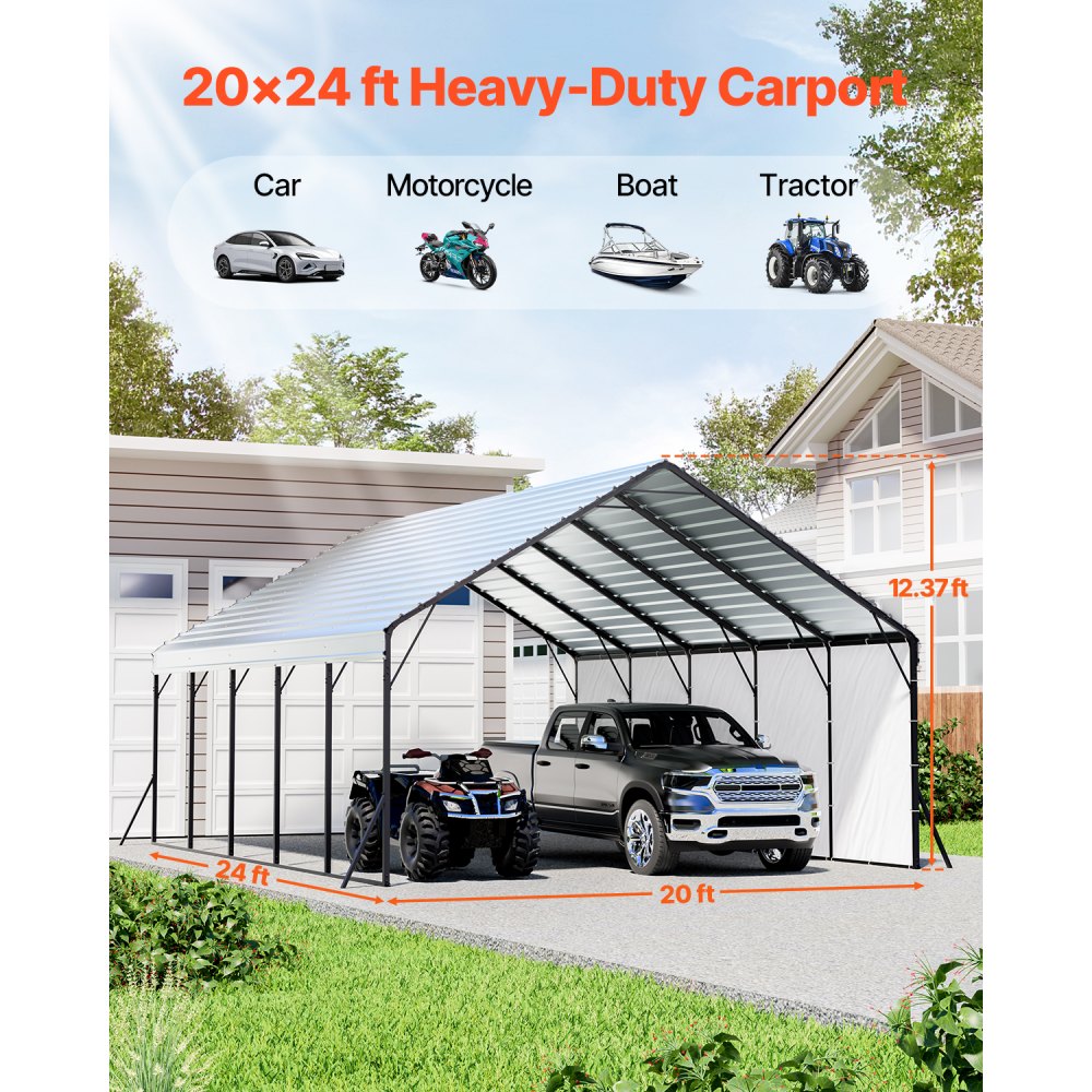 VEVOR Heavy Duty Metal Carport, 20 x 24 ft Outdoor Carport with Sturdy Frame & Roof, Car Garage Shade with Removable