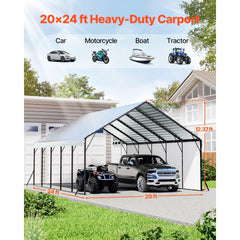 VEVOR Heavy Duty Metal Carport, 20 x 24 ft Outdoor Carport with Sturdy Frame & Roof, Car Garage Shade with Removable