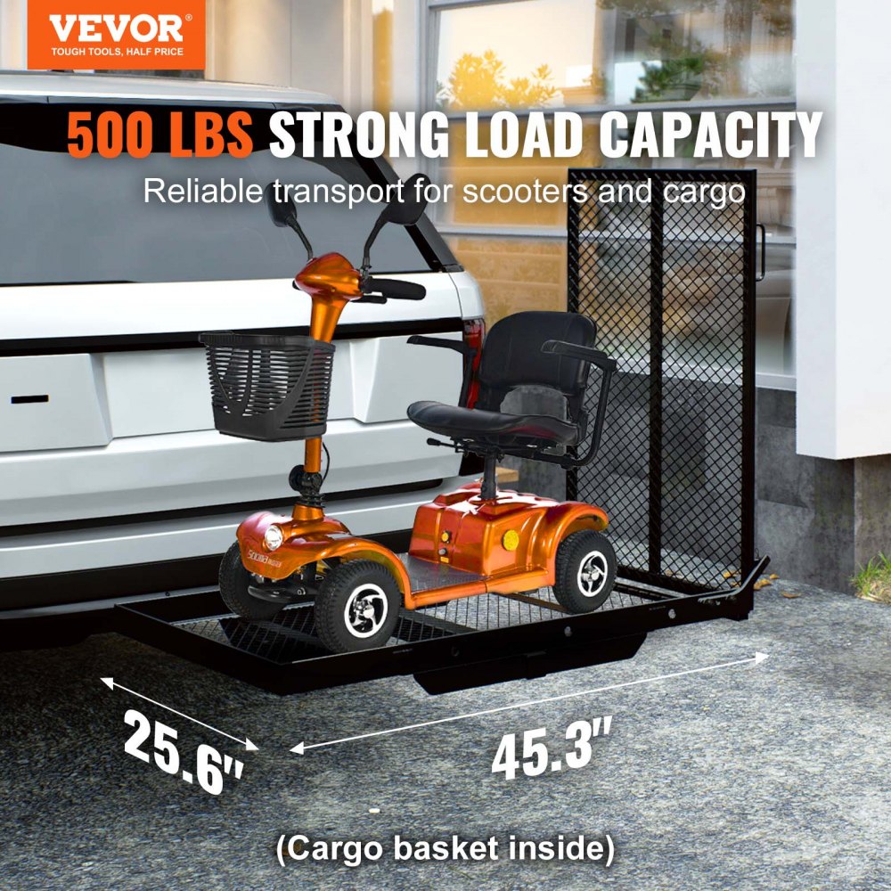 VEVOR Hitch Mount Cargo Carrier, 45.3" x 25.6" Iron Hitch Cargo Rack with Folding Ramp, Hitch Rack Basket with