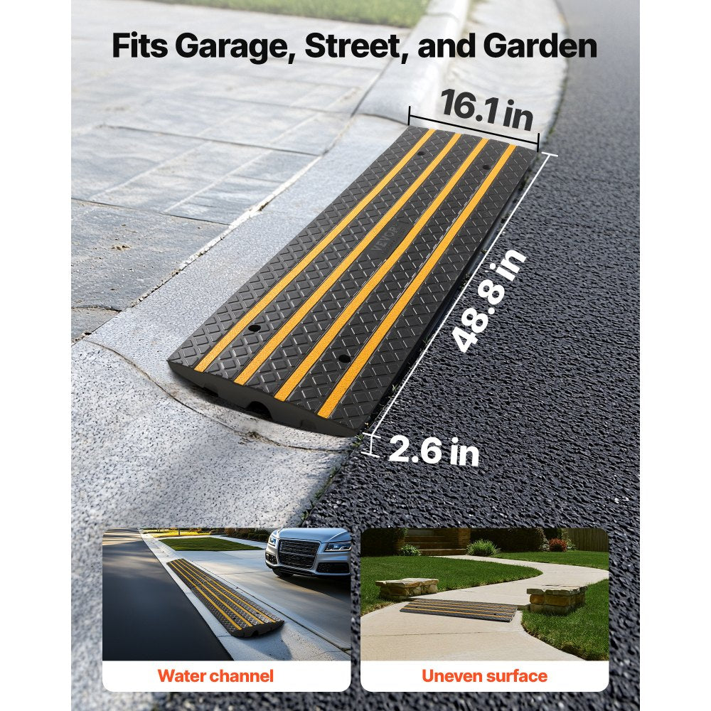 VEVOR Car Driveway Rubber Curb Ramp, 33069 lbs Load Capacity, 2.6 inch Rise Curbside Bridge Ramp with Yellow Reflective