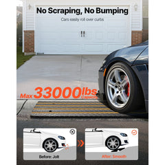 VEVOR Car Driveway Rubber Curb Ramp, 33069 lbs Load Capacity, 2.6 inch Rise Curbside Bridge Ramp with Yellow Reflective