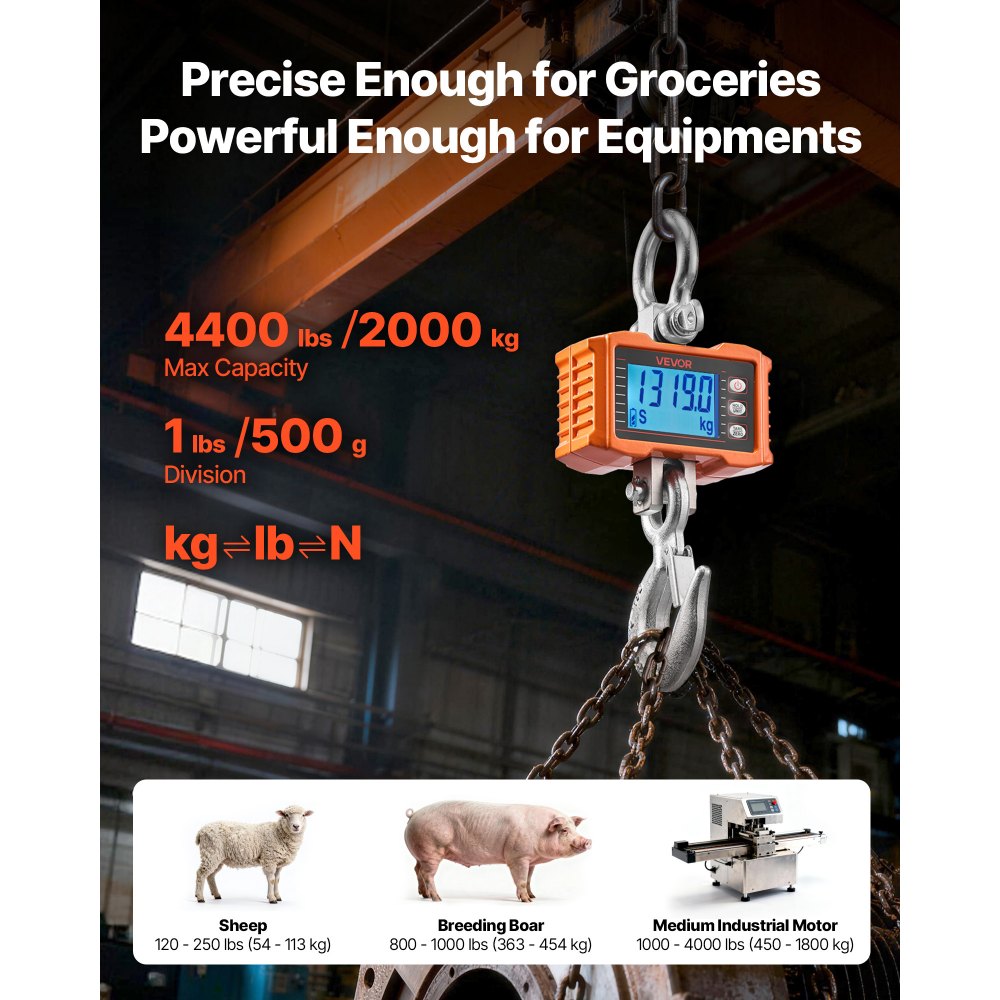 VEVOR Digital Crane Scale, 4400 lbs/2000 kg Max Capacity, Heavy Duty Industrial Hanging Scale with Cast Aluminum Case &