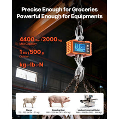 VEVOR Digital Crane Scale, 4400 lbs/2000 kg Max Capacity, Heavy Duty Industrial Hanging Scale with Cast Aluminum Case &