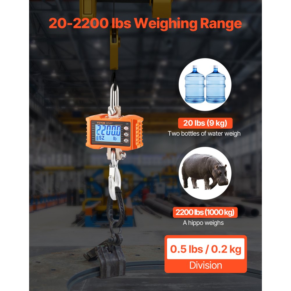 VEVOR Digital Crane Scale, 2200 lbs/1000 kg, Industrial Heavy Duty Hanging Scale with Remote Control, Cast Aluminum