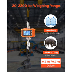 VEVOR Digital Crane Scale, 2200 lbs/1000 kg, Industrial Heavy Duty Hanging Scale with Remote Control, Cast Aluminum
