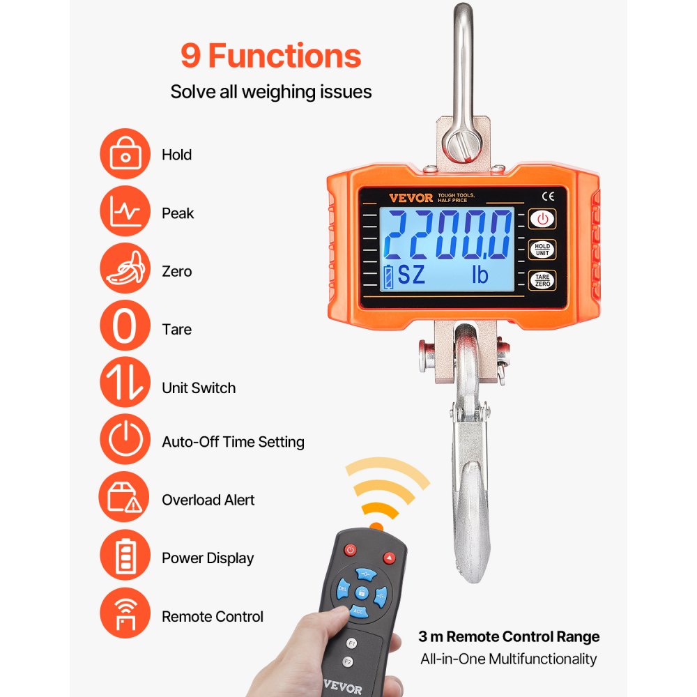 VEVOR Digital Crane Scale, 2200 lbs/1000 kg, Industrial Heavy Duty Hanging Scale with Remote Control, Cast Aluminum
