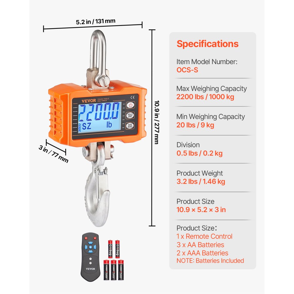 VEVOR Digital Crane Scale, 2200 lbs/1000 kg, Industrial Heavy Duty Hanging Scale with Remote Control, Cast Aluminum