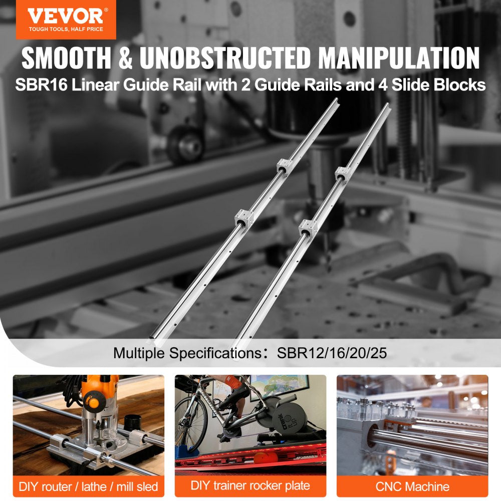 VEVOR Linear Guide Rail Set, SBR16 1500mm, 2 PCS 59 in/1500 mm SBR16 Guide Rails and 4 PCS SBR16UU Slide Blocks, Linear