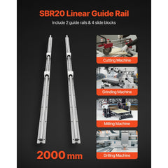 VEVOR Linear Rail Kit, SBR20, 2Pcs 2000 mm (78.74 inch) Linear Motion Guide Rails and 4Pcs Bearing Slide Blocks, Fully