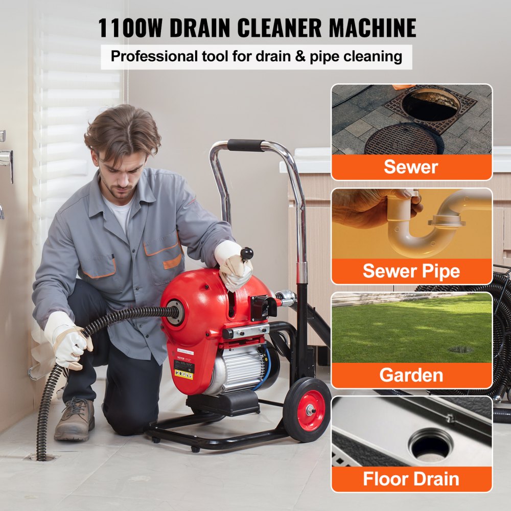 VEVOR Drain Cleaner Machine 120FT x 6/5 Inch, 1100W Electric Sewer Snake Auger Manual Feed - with 6 Cutters and CW/CCW