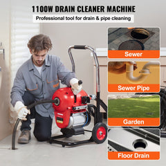 VEVOR Drain Cleaner Machine 120FT x 6/5 Inch, 1100W Electric Sewer Snake Auger Manual Feed - with 6 Cutters and CW/CCW
