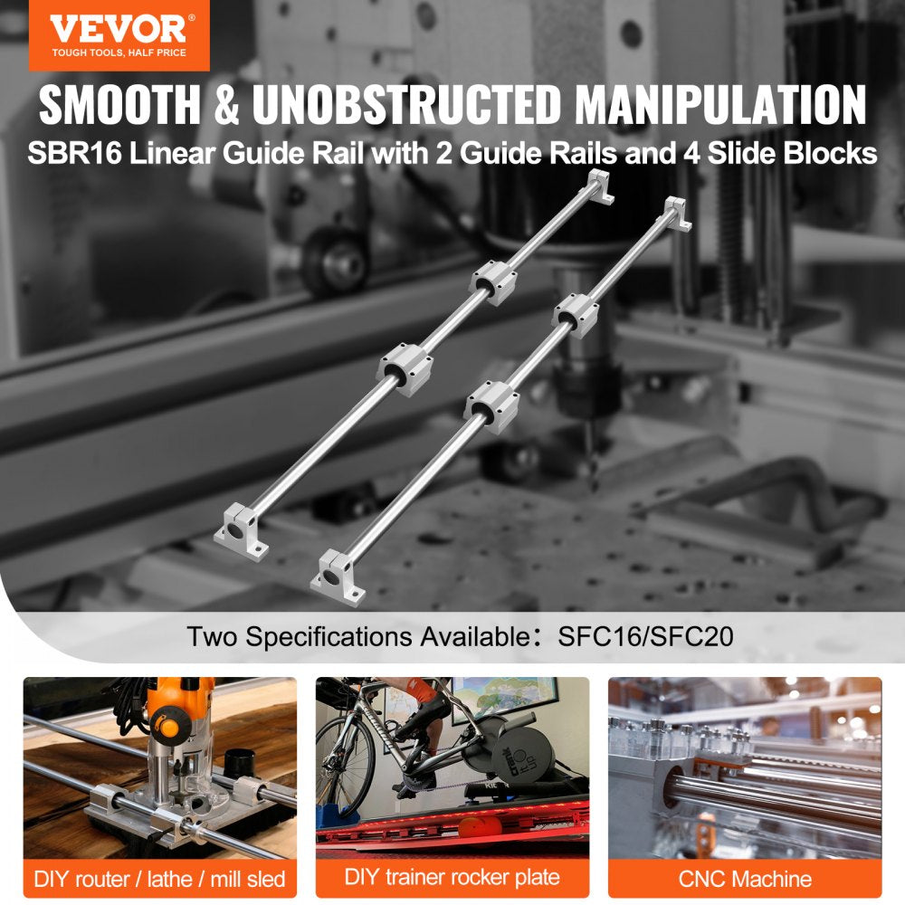 VEVOR Linear Motion Kit, SFC16 1000mm, Includes 2 Rails of 39.4 inches, 4 SC16 Carriage Blocks, and 4 Support Brackets
