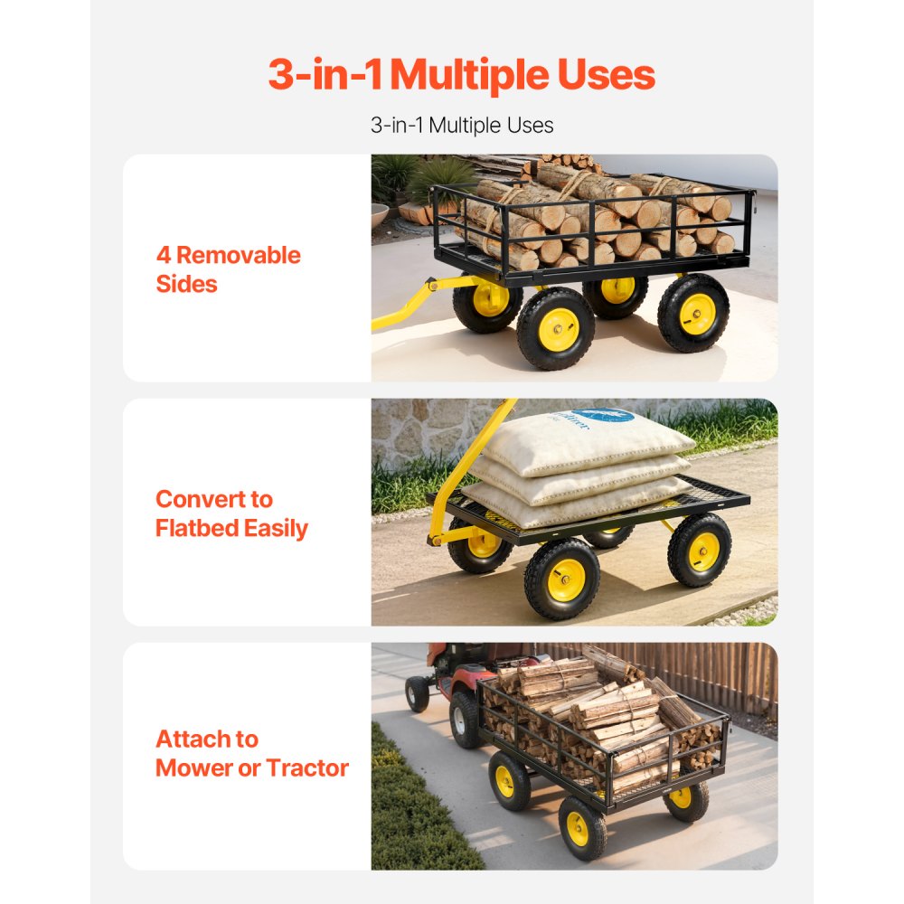 VEVOR Steel Garden Cart, 1200 lbs Heavy Duty Pullable Garden Wagon Yard Cart, 2 in 1 Outdoor Metal Utility Wagon Yard