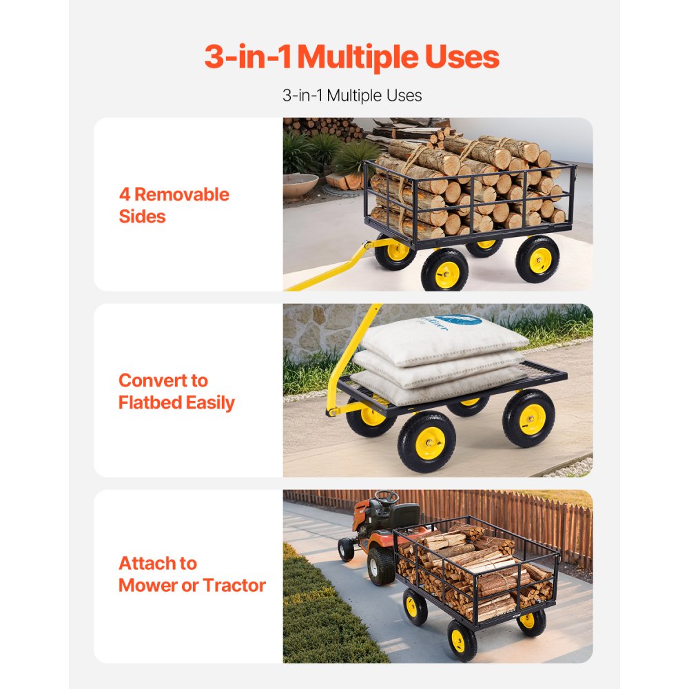 VEVOR 1400 Lbs Steel Garden Cart, Heavy Duty Pullable Garden Wagon Yard Cart, 2 in 1 Outdoor Metal Utility Wagon Yard
