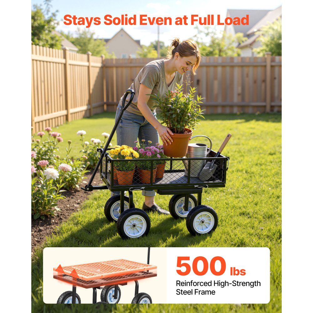 VEVOR Garden Cart with Seat, 500 LBS, Rolling Steel Garden Work Seat with Wheels, Heavy Duty Gardening Stool, with Tool