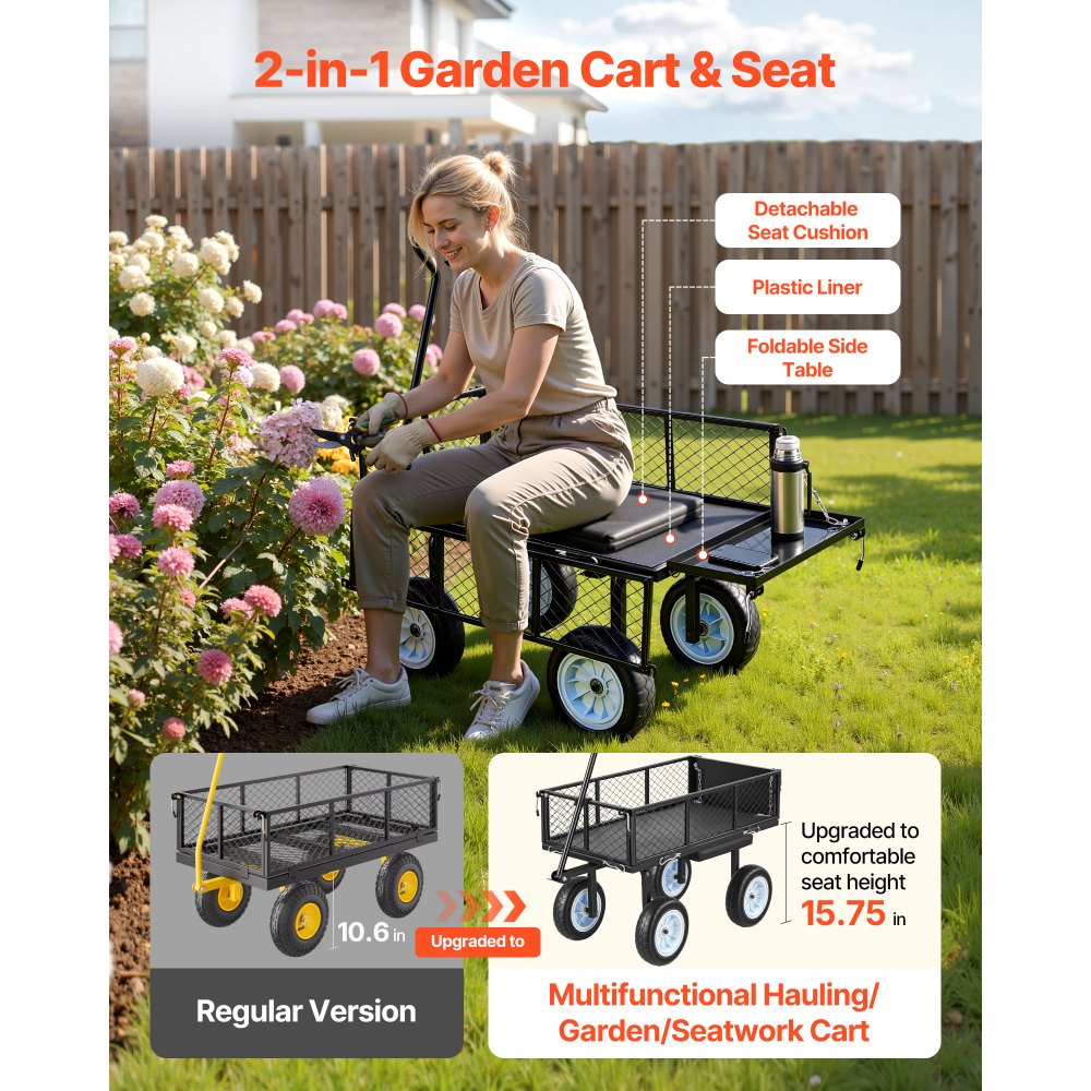 VEVOR Garden Cart with Seat, 500 LBS, Rolling Steel Garden Work Seat with Wheels, Heavy Duty Gardening Stool, with Tool