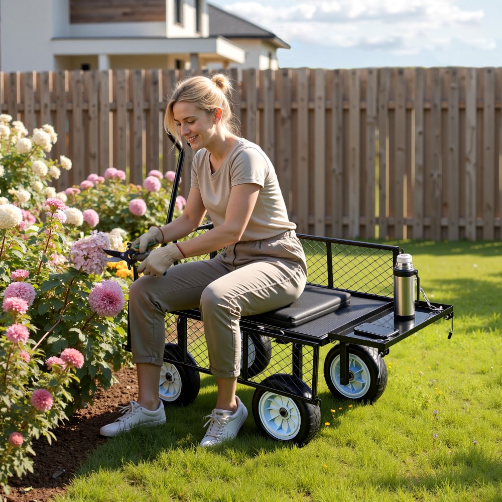 VEVOR Garden Cart with Seat, 500 LBS, Rolling Steel Garden Work Seat with Wheels, Heavy Duty Gardening Stool, with Tool