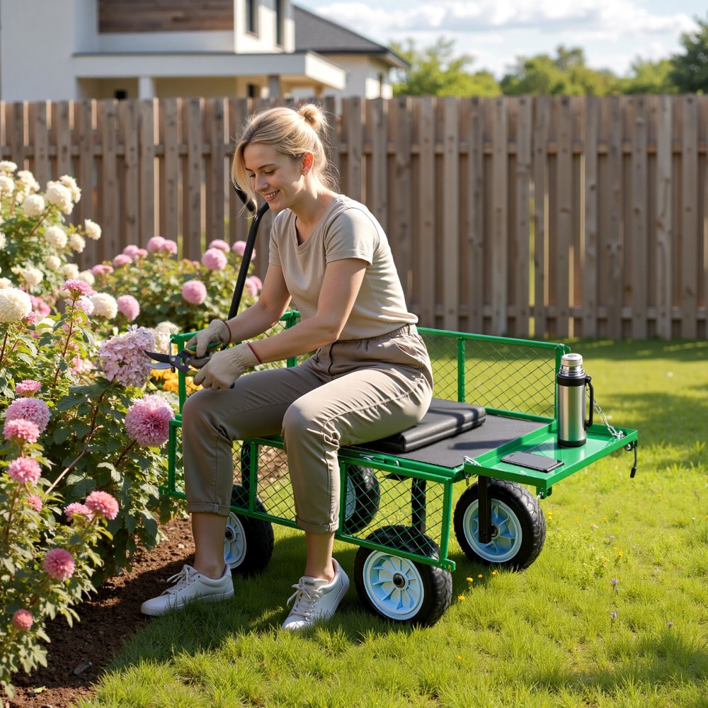 VEVOR Garden Cart with Seat, 500 LBS, Rolling Steel Garden Work Seat with Wheels, Heavy Duty Gardening Stool, with Tool