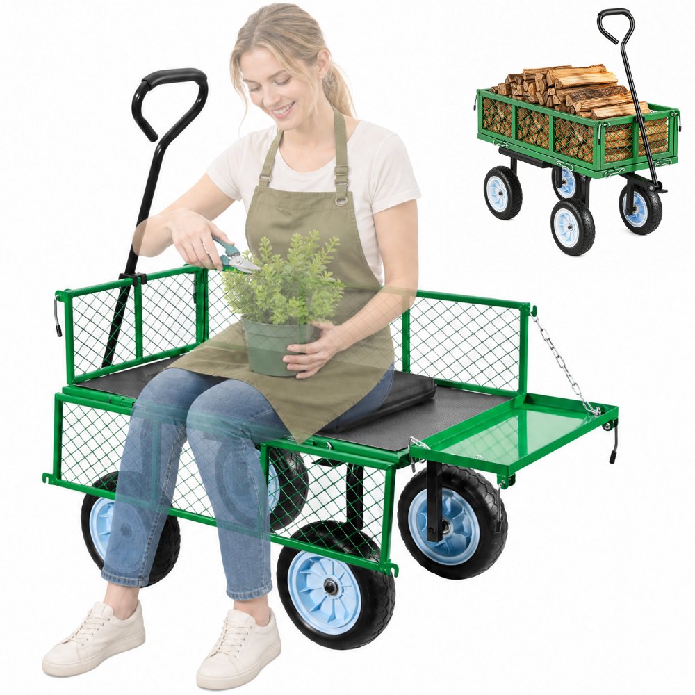 VEVOR Garden Cart with Seat, 500 LBS, Rolling Steel Garden Work Seat with Wheels, Heavy Duty Gardening Stool, with Tool