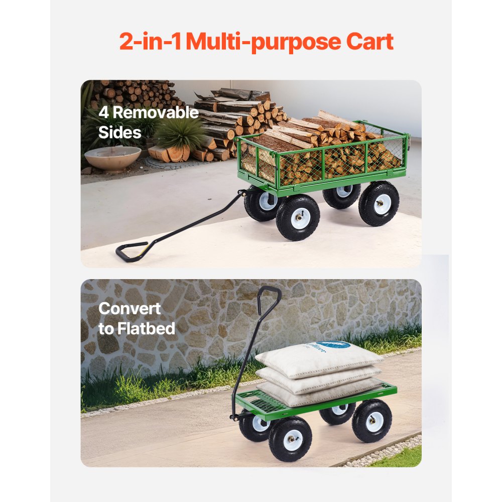 VEVOR 900 Lbs Steel Garden Cart on Wheels, Heavy Duty Pullable Garden Wagon Yard Cart, Outdoor Metal Utility Wagon with