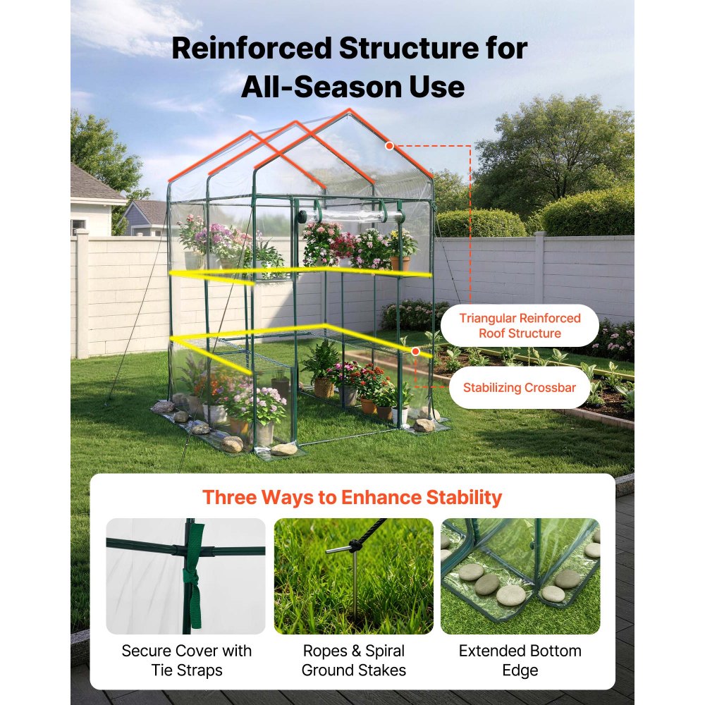 VEVOR Walk-in Green House, 54 x 54 x 77.2 in, Greenhouse with Shelves, High Strength PE Cover with Zipper Door and