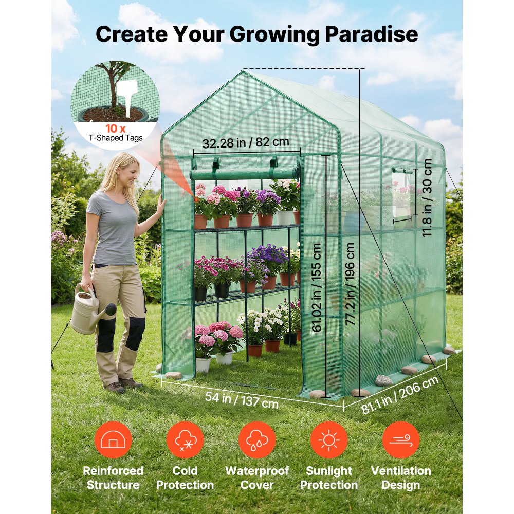VEVOR Walk-in Green House, 54 x 81.1 x 77.2 in, Greenhouse with Shelves, High Strength PE Cover with Zipper Door and