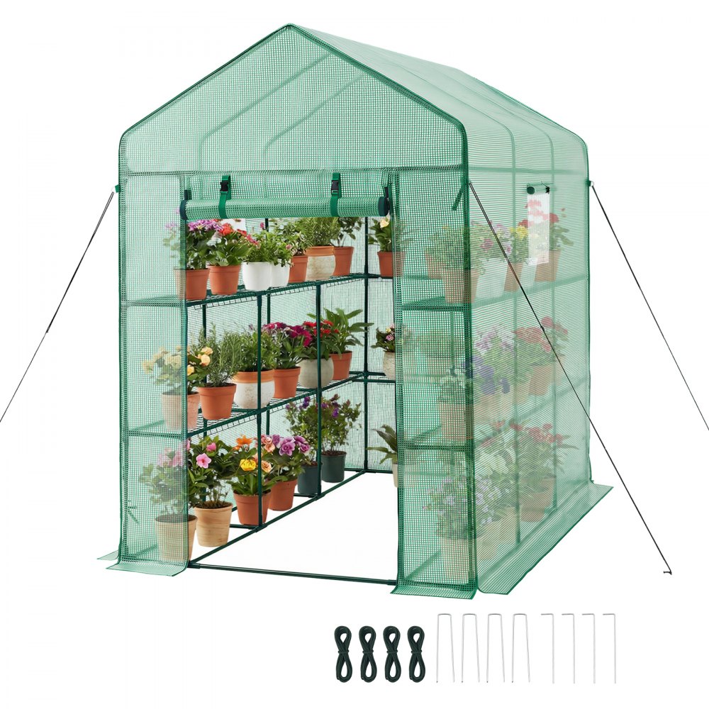 VEVOR Walk-in Green House, 54 x 81.1 x 77.2 in, Greenhouse with Shelves, High Strength PE Cover with Zipper Door and
