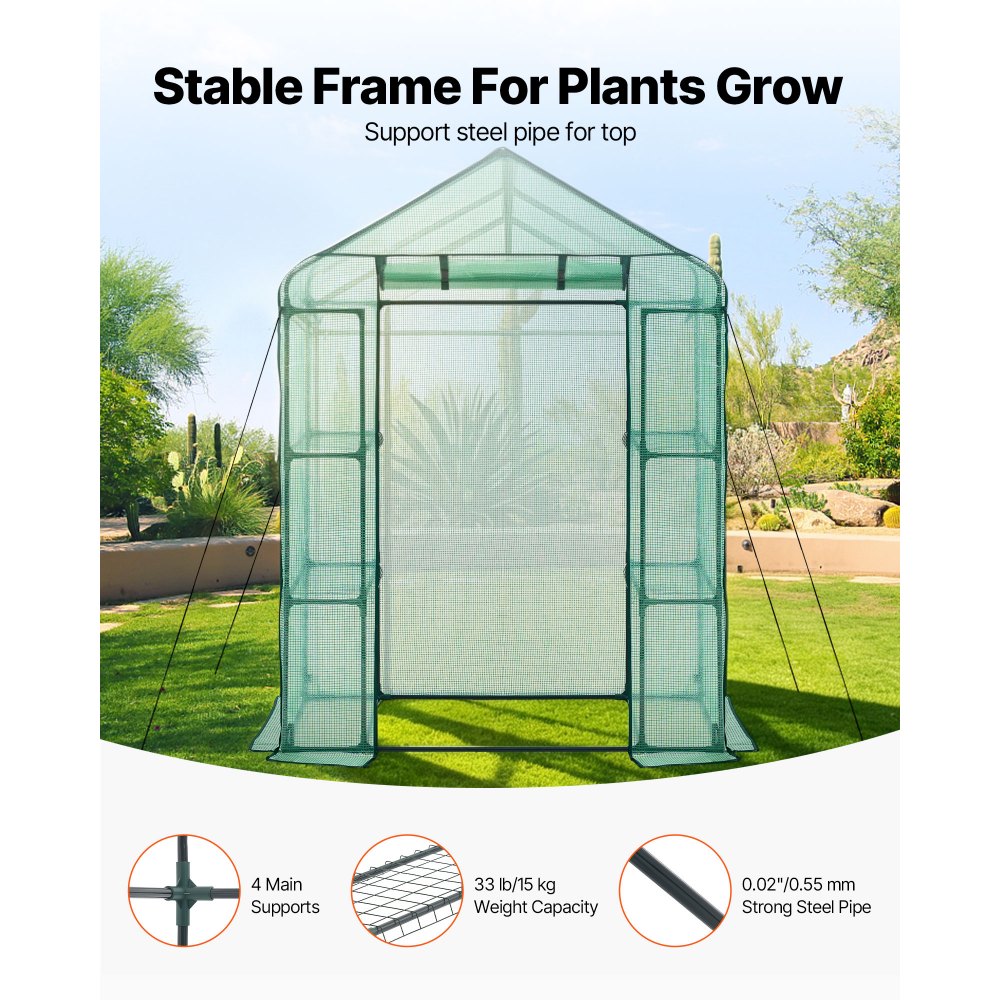 VEVOR Walk-in Greenhouse, 55.5" x 28.3" x 78.7" Greenhouse for Outdoors with PE Cover, 2 Tiers 4 Shelves, Roll-Up