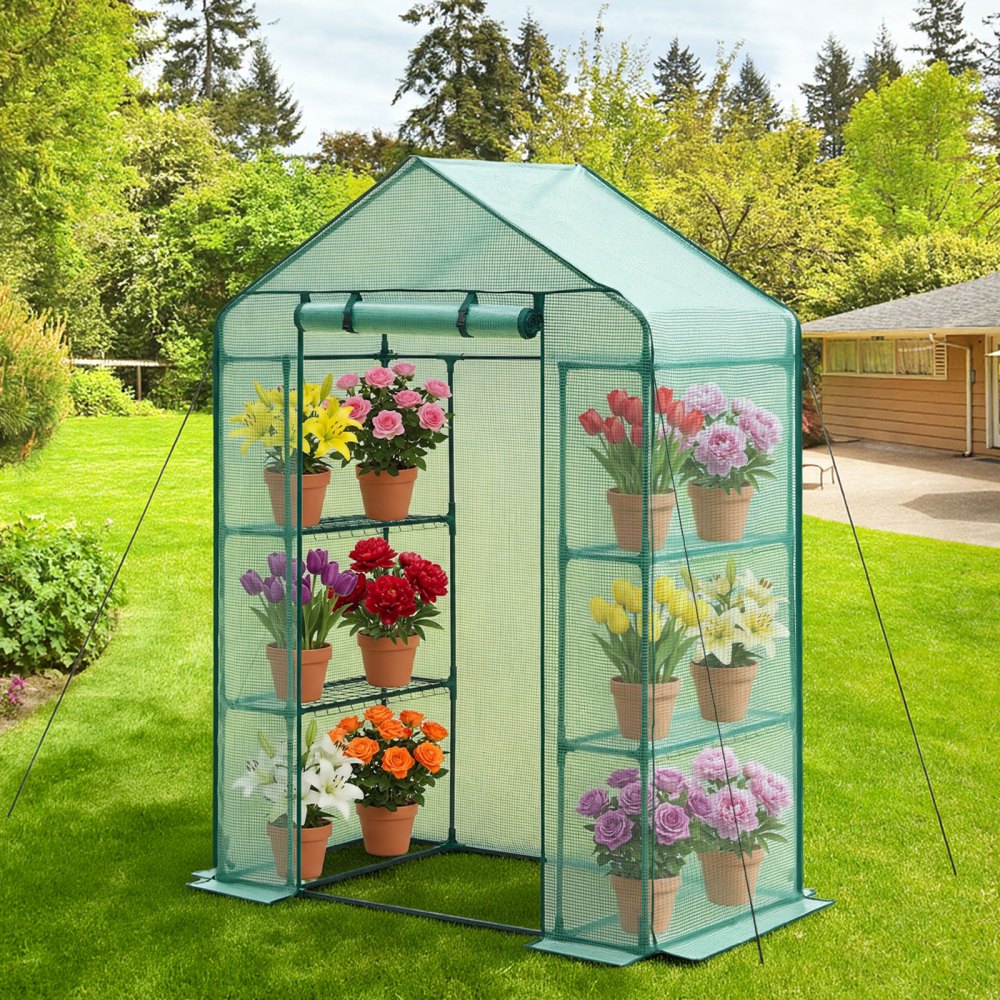VEVOR Walk-in Greenhouse, 55.5" x 28.3" x 78.7" Greenhouse for Outdoors with PE Cover, 2 Tiers 4 Shelves, Roll-Up