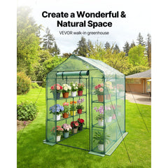 VEVOR Walk-in Greenhouse, 55.5" x 56.1" x 78.7" Greenhouse for Outdoors with PE Cover, 2 Tiers 8 Shelves, Roll-Up